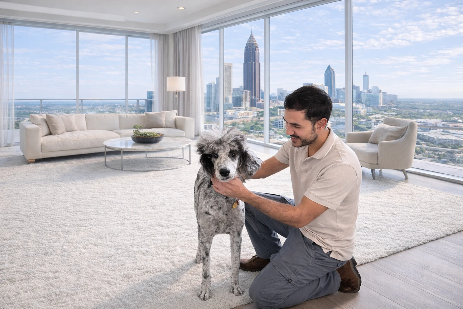 Professional carpet cleaning technician with portable equipment in an Atlanta high-rise apartment