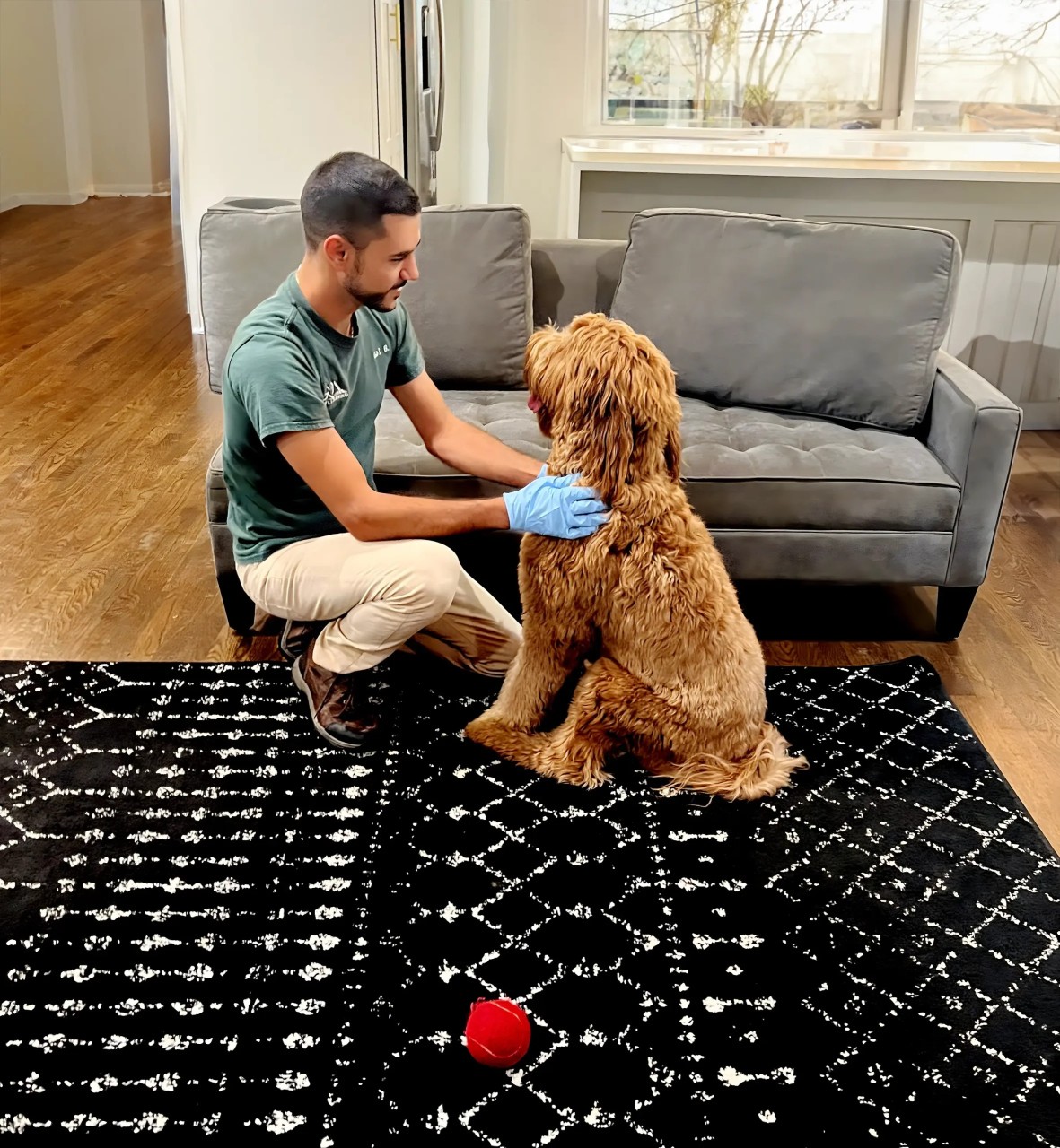 GO Carpet Cleaning technician with a happy dog